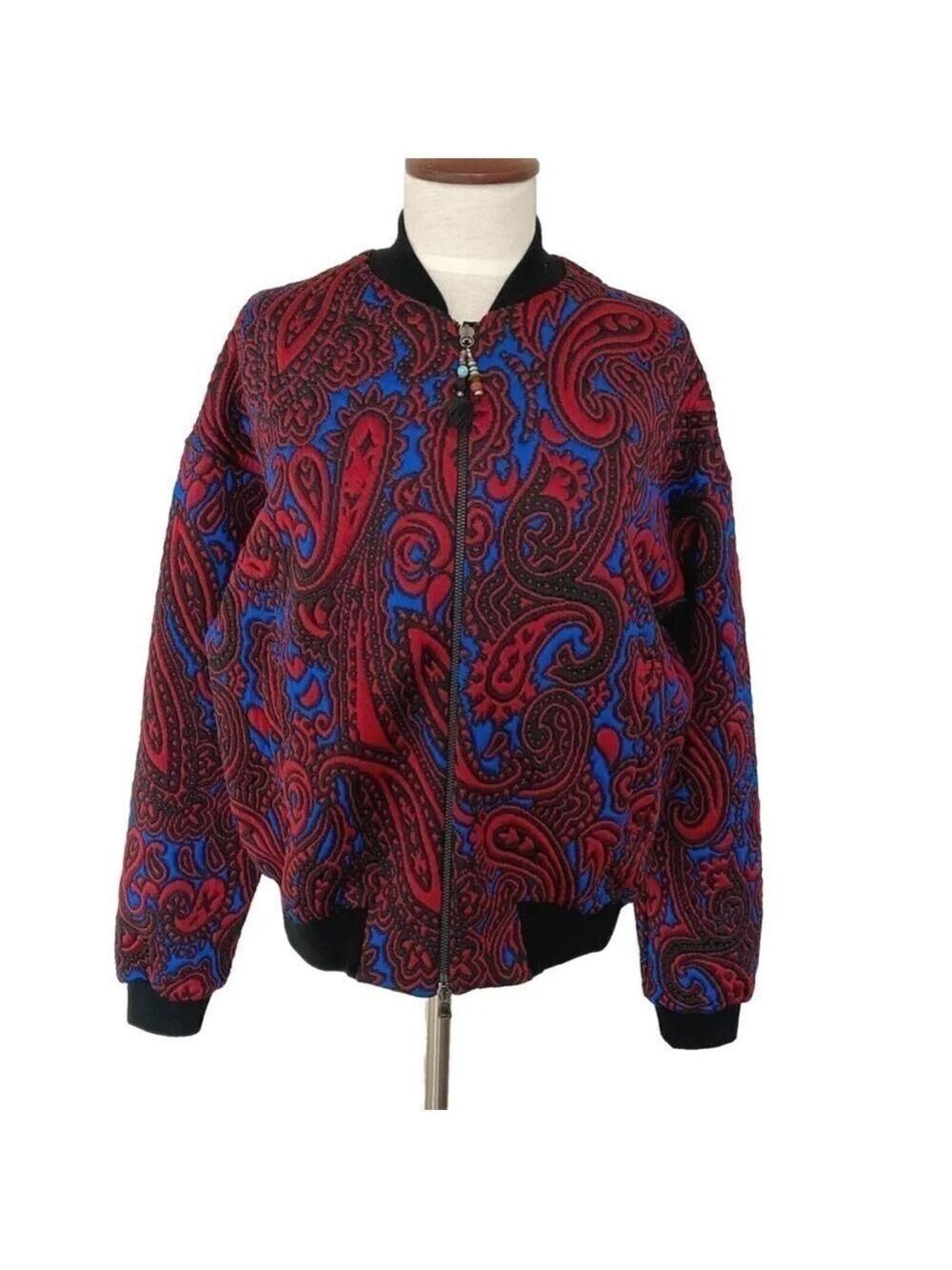 ETRO Italy Women's Paisley Bomber Jacket Size 46 Red Blue Black Pockets